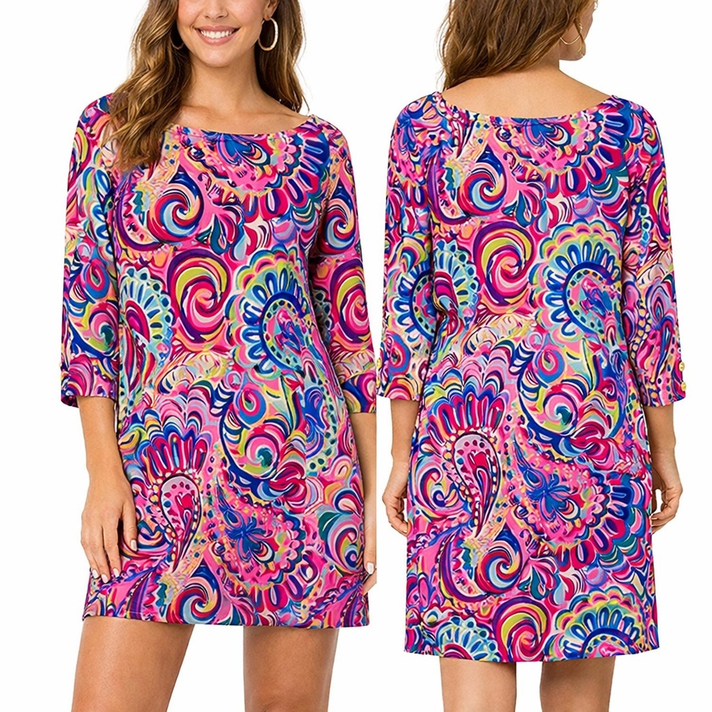 Lilly Pulitzer Sophie Dress UPF 50+ Psychedelic Sunshine Womens L Quarter Sleeve
